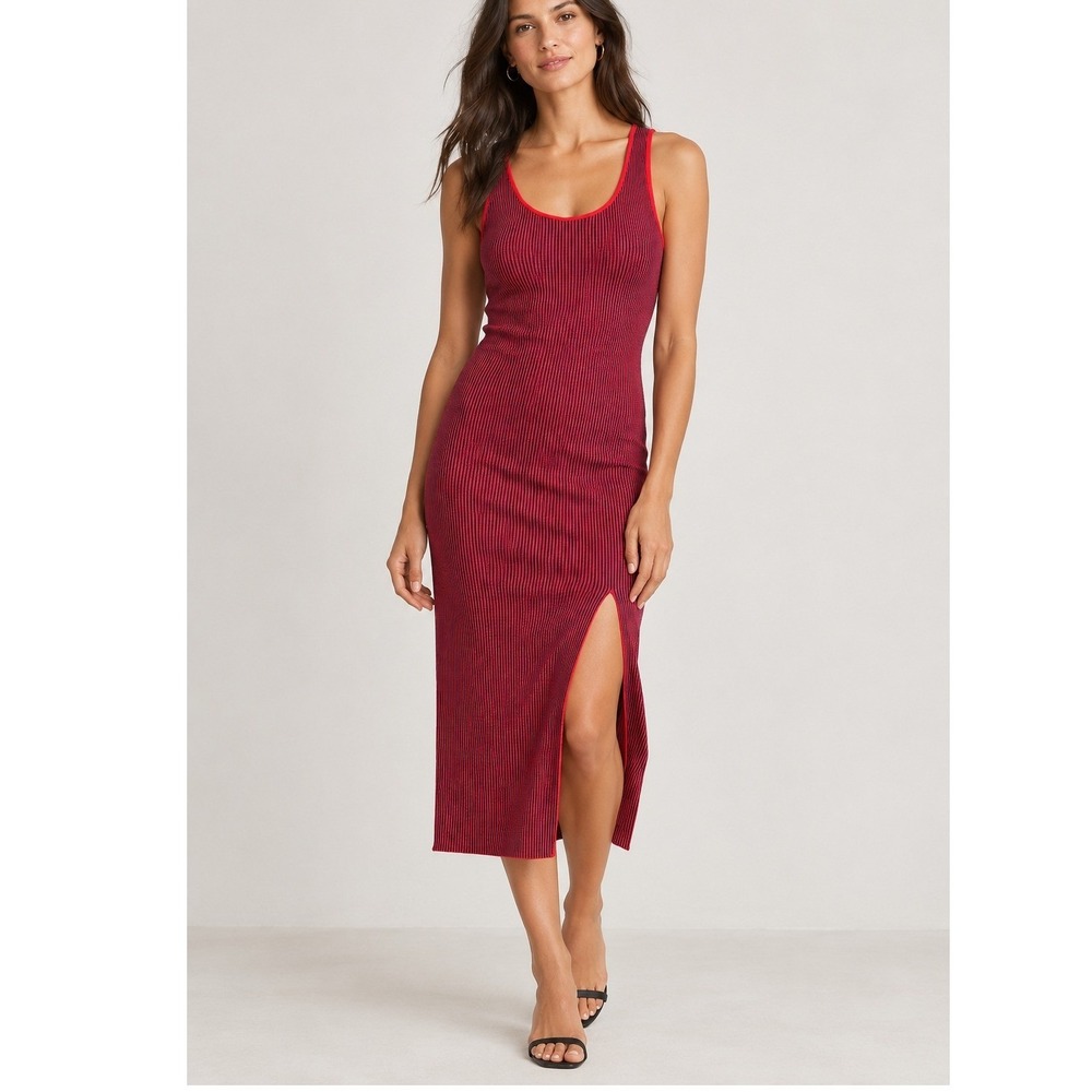 Reiss Charlie Ribbed Knit Midi Tank Dress Womens 10 Red Striped Slit